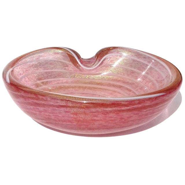 Mid-Century Modern Vintage Barbini Murano Pink White Swirl Gold Flecks Italian Art Glass Decorative Ring Bowl Vide Poche For Sale - Image 3 of 7