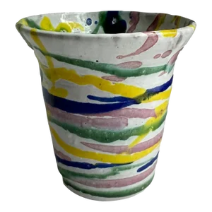Colorful Pottery Vase White With Blue, Green and Yellow Stripes