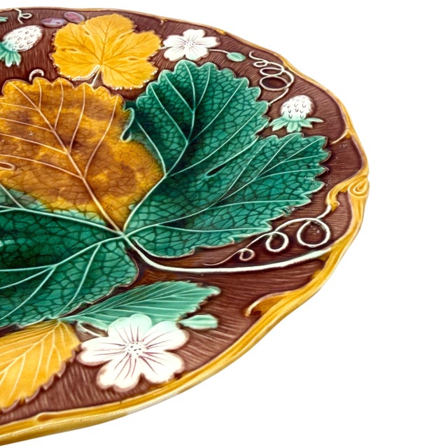 Ceramic Wedgwood Majolica 'Vine & Strawberry' Plate on a Brown Ground, English, Ca. 1896 For Sale - Image 7 of 11