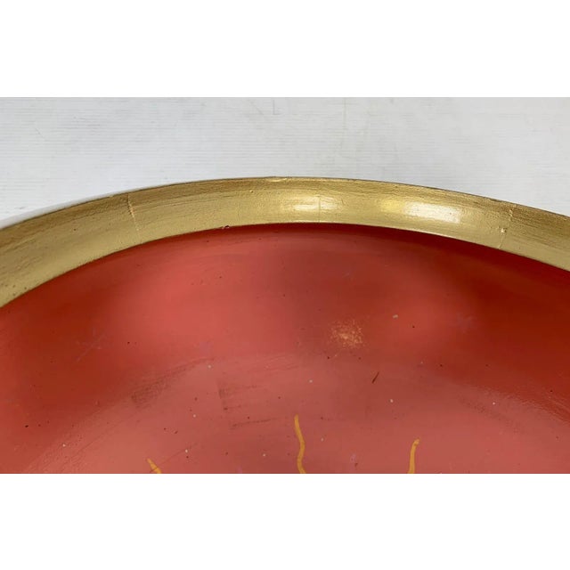 Huge 17" Diameter Carved Wooden Bowl With Painted Interior For Sale - Image 9 of 12