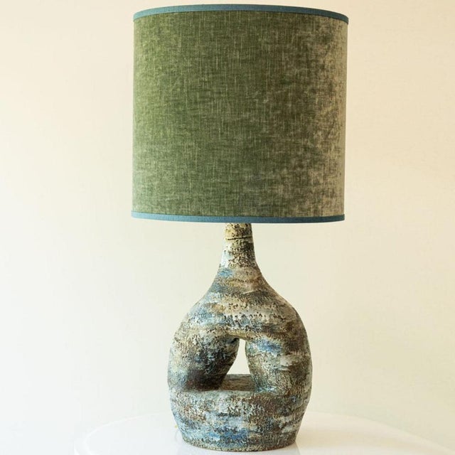 Ceramic Blue Green Ceramic Floor Table Lamp with Silk Shades attributed to R. Houben, 1970 For Sale - Image 7 of 12
