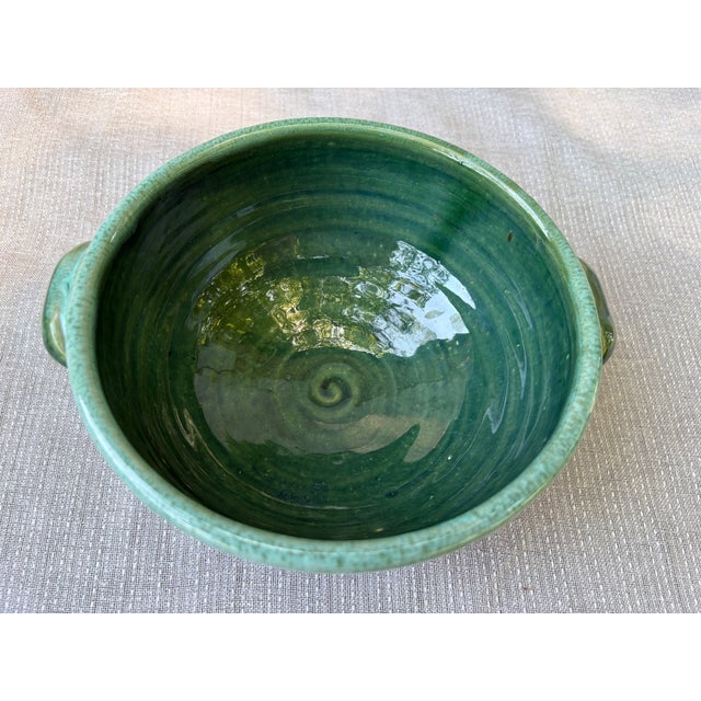 Ceramic Vintage Green Glazed Ceramic Pottery Bowl With Side Handles For Sale - Image 7 of 12