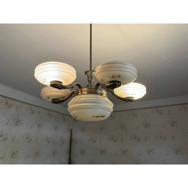 Art Deco Brass and Glass 5-Arm Chandelier, Central Europe, 1940s For Sale - Image 6 of 6