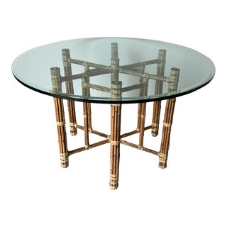 McGuire Organic Modern Bamboo Rattan & Leather Dining Table W/ Glass Top For Sale