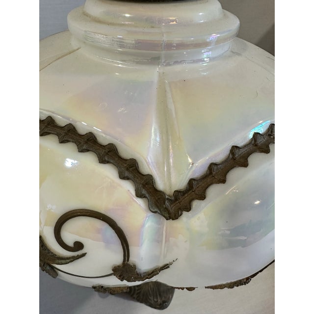 Pair of Hollywood Regency Oversize Opalescent Iridescent White Glass Lamps With Bronze Filigree Overlay 3-Way Switch 1970s Phoenix Company For Sale - Image 4 of 10