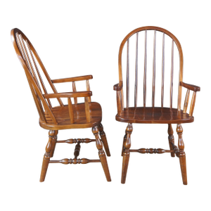 Late 20th Century 2 Amish Oak High Spindle Bow Back Windsor Dining Armchairs