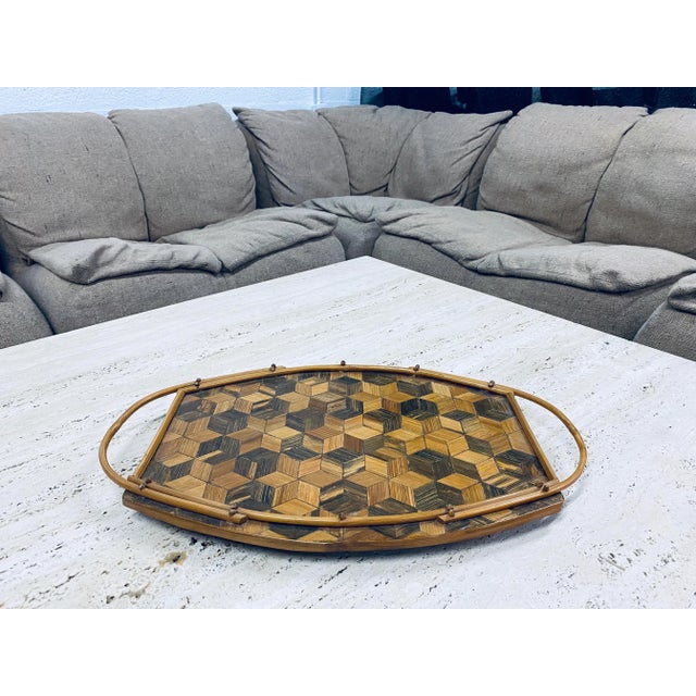 Italian Modern Tumble Block Marquetry Bamboo Tray For Sale - Image 9 of 10