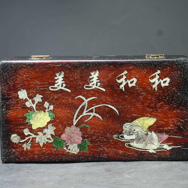 Wooden Jewelry Box With Mother-of-Pearl Inlay & Brass Latch – "Harmony" Motif For Sale In Los Angeles - Image 6 of 10