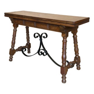 20th Century Spanish Console Fold Out Farm Table with Wood Stretcher For Sale
