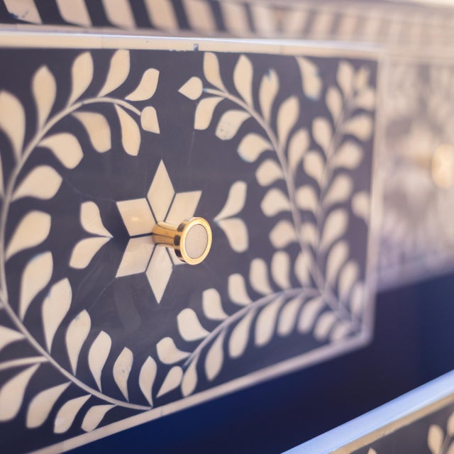 The Arabesque Blue Bone Inlay Dresser &amp; Changing Table combines decorative botanical artistry with practical storage....