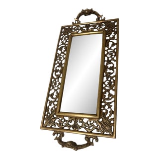 Vintage Brass Reticulated Vanity Mirror Tray, Pierced Acanthus Scroll, Figural Handles For Sale
