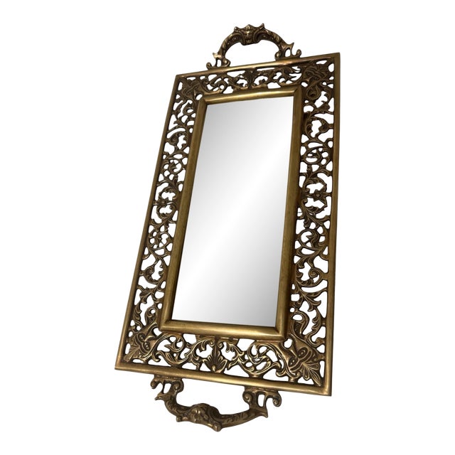 Vintage Brass Reticulated Vanity Mirror Tray, Pierced Acanthus Scroll, Figural Handles For Sale