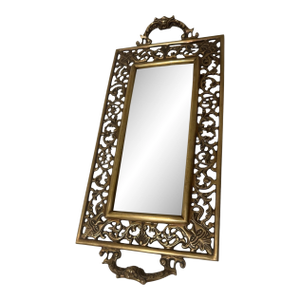 Vintage Brass Reticulated Vanity Mirror Tray, Pierced Acanthus Scroll, Figural Handles