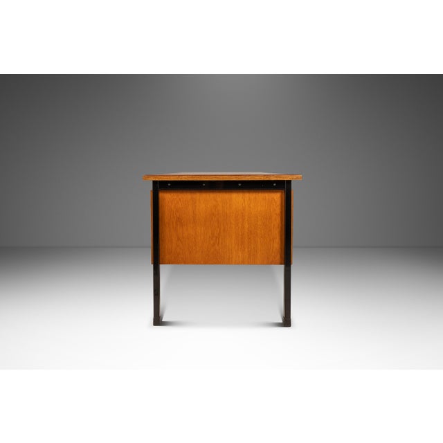 Brown Mid-Century Modern Executive Desk in Oak & Steel W/ Leather Top Attributed to Herbert Hirche for Holzäpfel, Germany, C. 1960s For Sale - Image 8 of 18