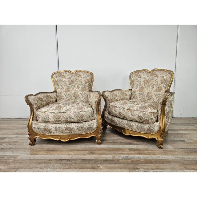 20th Century Italian Baroque Style Bergère Armchairs in Carved and Gilded Wood, Set of 2 For Sale - Image 5 of 18