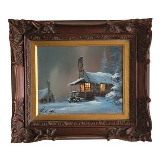 Snowy Landscape Original Oil on Board Painting by Ted Blaylock, 1974 For Sale