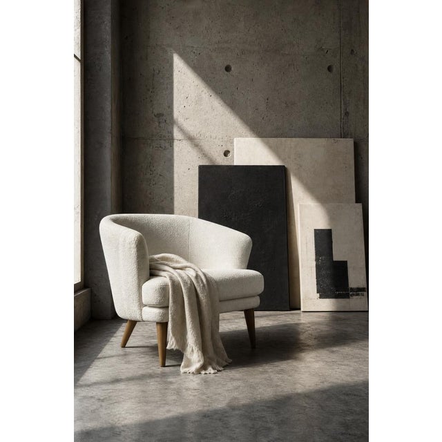 Brown Mid-Century Scandinavian Modern Oak and Fabric Armchair with Rounded Backrest, 1960s For Sale - Image 8 of 18