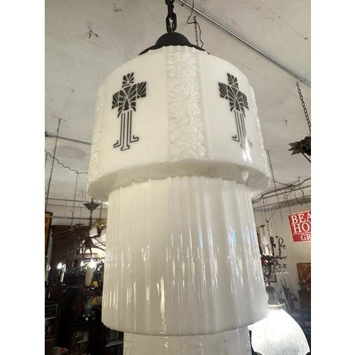 1930s 36" Art Deco Black & White Skyscraper Pendant Ceiling Light Rewired For Sale - Image 10 of 11