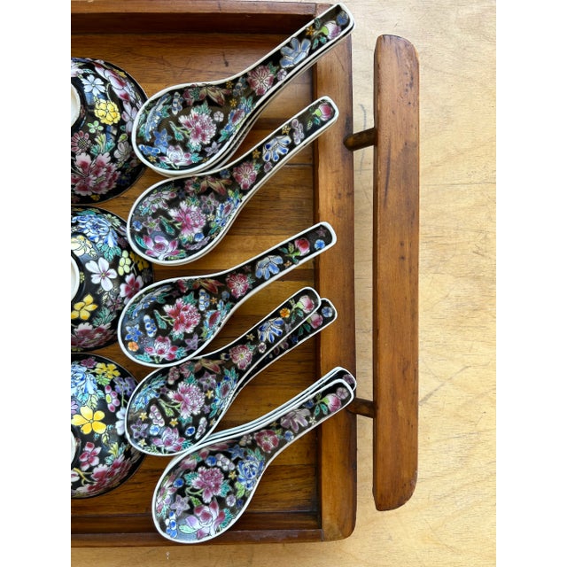 Zhongguo Jingdezhen, Mille Fleur Noire design. set of 29: 18 bowls + 11 spoons. hand painted porcelain. stunning pieces;...