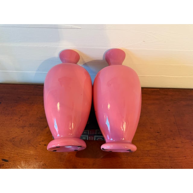 Bright Pink Large, Hand Painted, Pair of Bristol Glass Vases, Late 1800s For Sale - Image 8 of 8