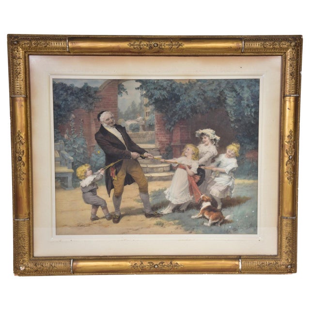Victorian Frederick Morgan "Tug of War" Chromolithograph in Exceptional Antique Gilt Aesthetic Movement Frame For Sale - Image 3 of 10