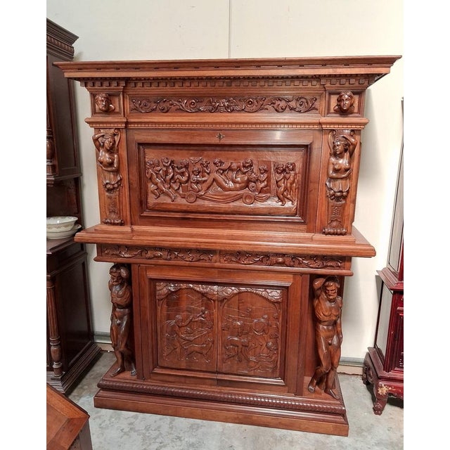 Wood 19th Century Renaissance Drop-Front Secretary Desk, 1890s For Sale - Image 7 of 9