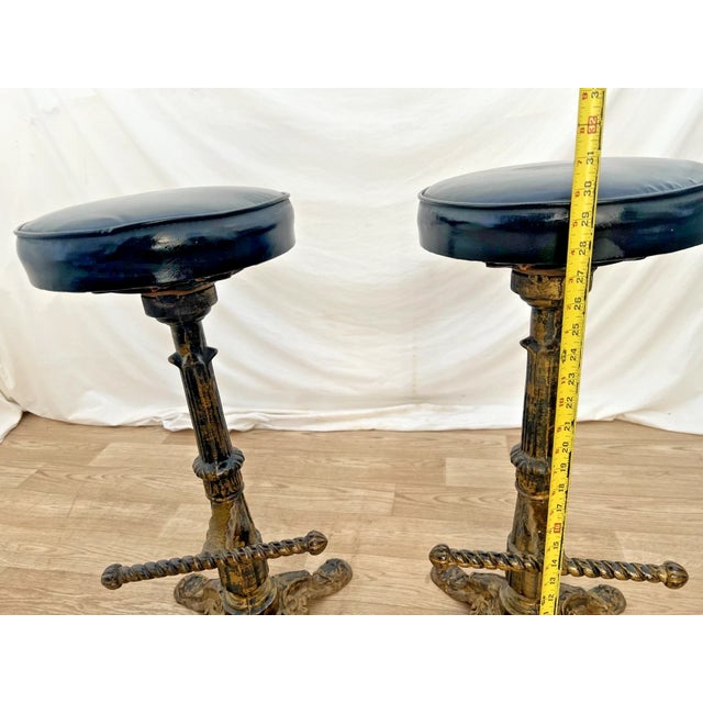 1930s Calorator Cast Iron Bar Stools Barley Twist Footrest Swivel Seat Set of Two For Sale - Image 10 of 14