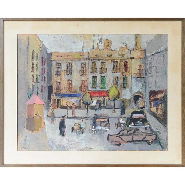 A charming naive (although painted by a very competent hand) gouache on paper of a french town square. artist name:...