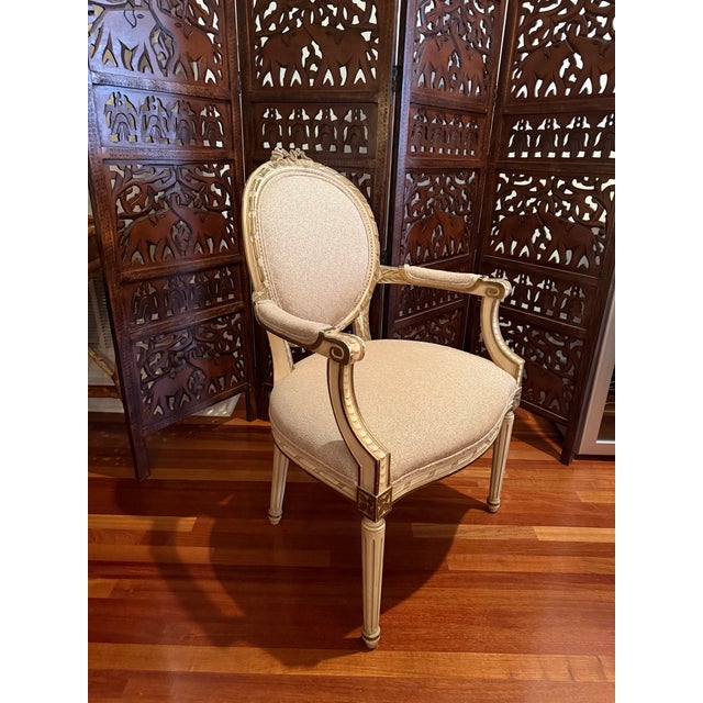 Traditional Vintage 1940s Louis XVI French Revival Neoclassical Giltwood Bow-Crest Armchair For Sale - Image 3 of 11