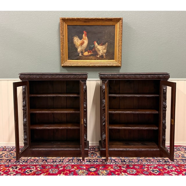 Antique French Pair of Renaissance Carved Bookcases Display Cabinets Oak c.1900 For Sale - Image 9 of 18