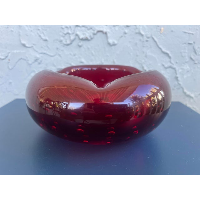 Large Handblown Ruby Red Controlled Bubble Glass Ashtray / Art Glass Catchall Bowl For Sale - Image 4 of 8