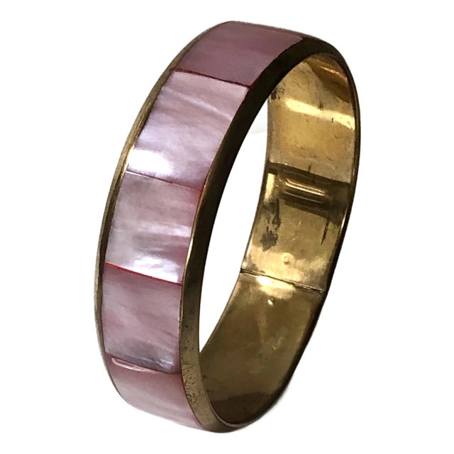 Vintage Pink Mother of Pearl and Gold Bangle For Sale