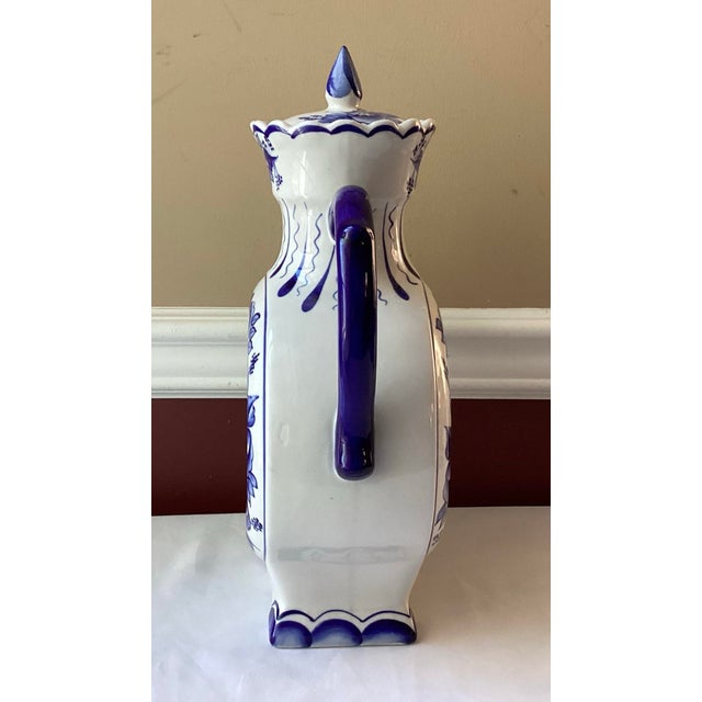 Vintage Gzhel Porcelain Donut Teapot – Blue & White – 14½” Tall For Sale - Image 11 of 11