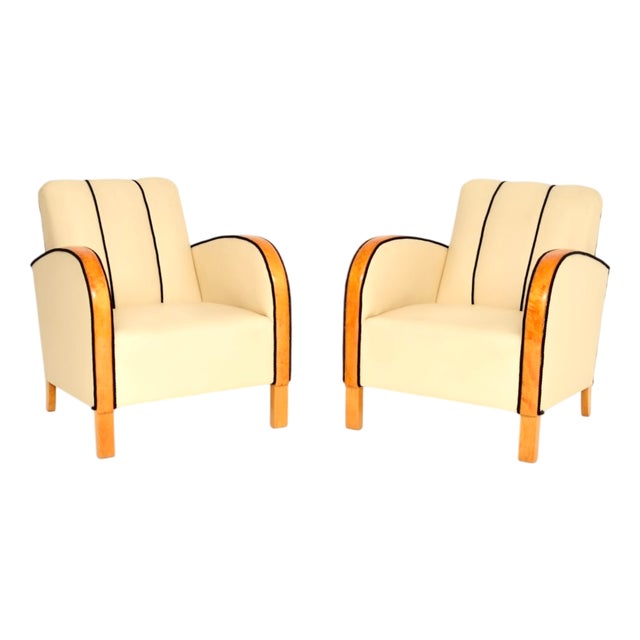 Art Deco Swedish Leather and Satin Birch Armchairs, 1930s, Set of 2 For Sale
