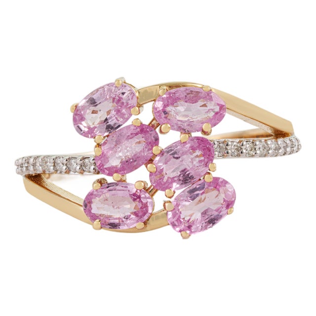 Art Nouveau 14k Yellow Gold 1.66ct Pink Sapphire & Diamond Cluster Bypass Ring Size 9 For Sale