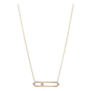 14k Yellow Gold 0.15ct Round Cut Diamond Floating Geometric Bar Pendant Necklace For Sale