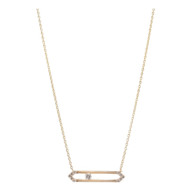 14k Yellow Gold 0.15ct Round Cut Diamond Floating Geometric Bar Pendant Necklace For Sale