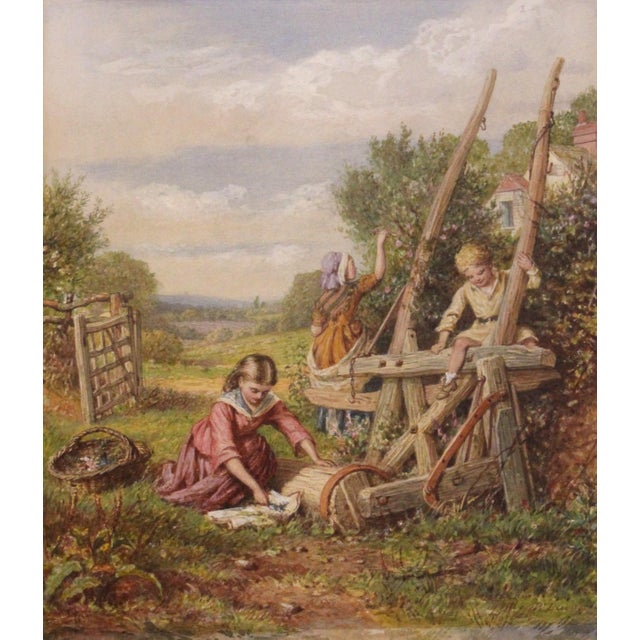 Watercolor "Summertime" by William Lucas, 1872, England. Signed & dated lower right, W. Lucas, 1872. Depicting three...