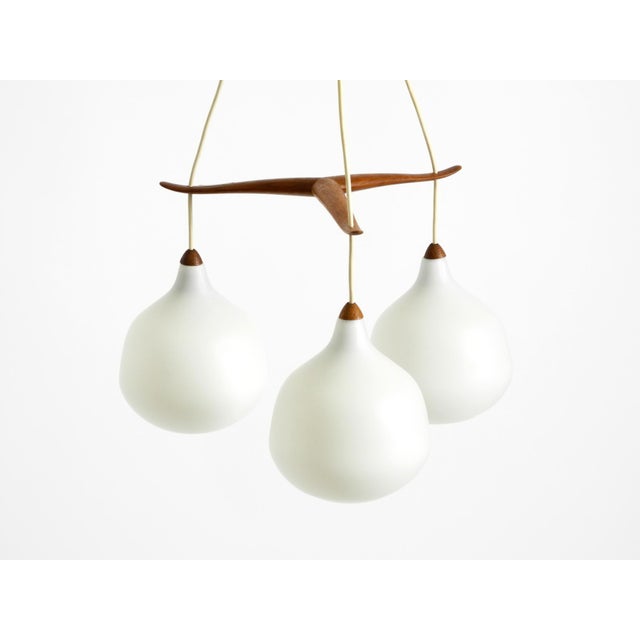 Maroon Pendant Lamp with Three Opal Glass Shades and Teak Frame by Uno & Östen Kristiansson for Luxus Vittsjö, Sweden, 1957 For Sale - Image 8 of 17