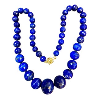 Vintage Lapis Lazuli Single Strand Necklace with Diamond & 18 Karat Yellow Gold For Sale