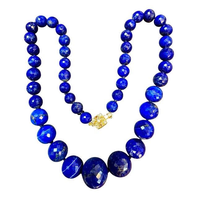Vintage Lapis Lazuli Single Strand Necklace with Diamond & 18 Karat Yellow Gold For Sale