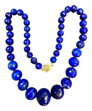 Vintage Lapis Lazuli Single Strand Necklace with Diamond & 18 Karat Yellow Gold