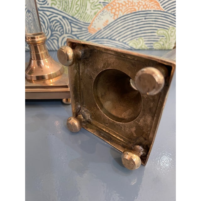 Metal 1970’s Hollywood Regency Lucite and Brass Candle Sticks - a Pair For Sale - Image 7 of 8