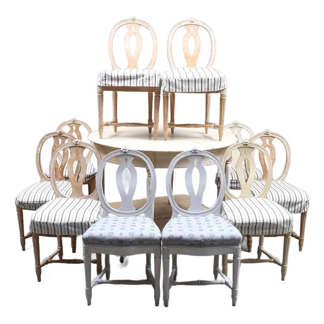 20th Century Swedish Gustavian Pinewood Dining Table Set With Ten Side Chairs - Set of 11 For Sale