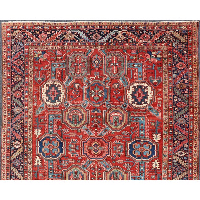 9'2 x 11'10 Antique Heriz Rug with Red Field, Geometric Tribal Motifs and Navy Blue Border 9'2 X 11'10. Keivan Woven Arts/...