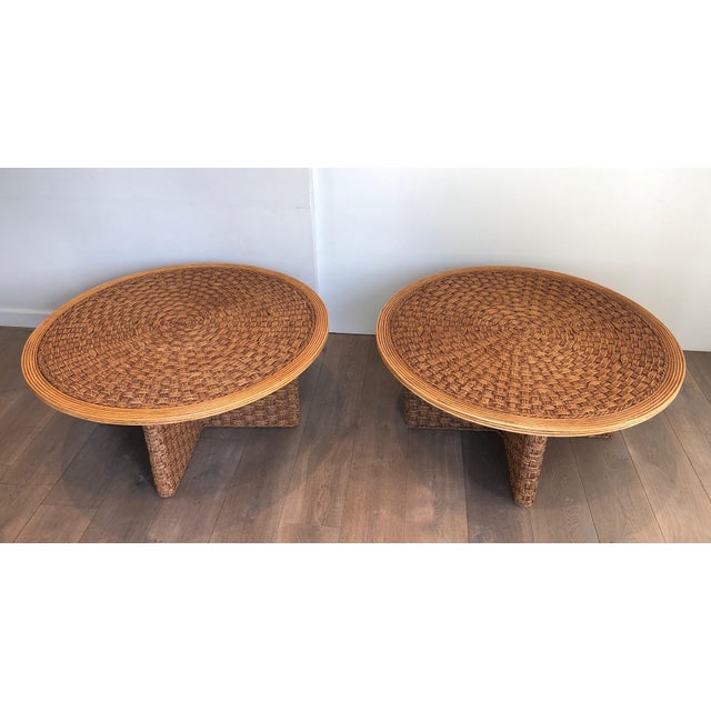 1970s Large Round Coffee Tables in Rope and Wood Wood in the Style of Audoux Minet - a Pair For Sale - Image 12 of 12