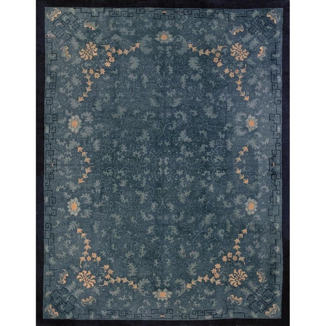 Room Size Blue Damask Chinese Knotted 1890s Antique Wool Rectangle Peking Rug For Sale - Image 4 of 5