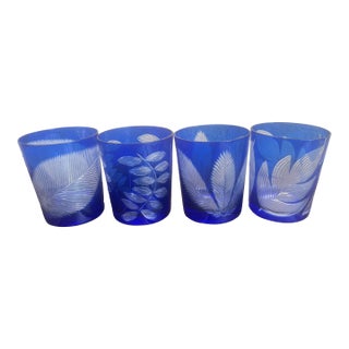Vintage Bohemia Cut to Clear Cobalt Blue Leaf Lowball Tumblers - Set of 4 For Sale