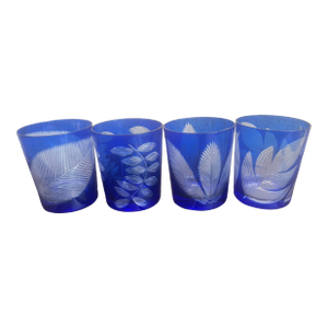 Vintage Bohemia Cut to Clear Cobalt Blue Leaf Lowball Tumblers - Set of 4