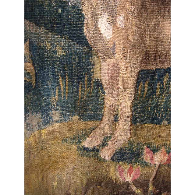 Textile Flemish Verdure Tapestry Two Herons Eating a Frog , Fantasized Giraffe and Boat , Circa 1700 For Sale - Image 7 of 18